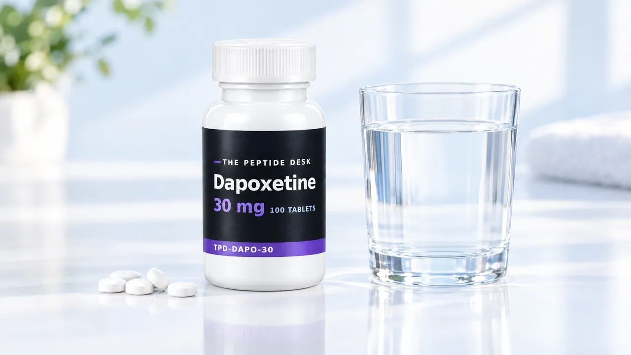Tablet bottle with a black TPD label for Dapoxetine next to a glass of water and a few white tablets