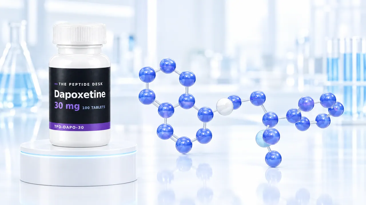 White tablet bottle with a black TPD label for Dapoxetine on a white podium, next to a blue 3D molecule model in a bright lab