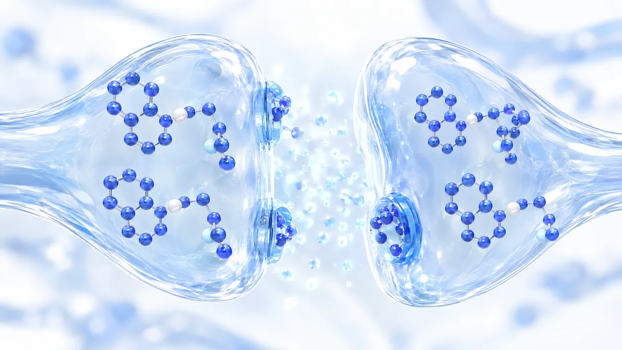 Two translucent nerve endings with blue 3D molecules, a gap with small glowing particles between them