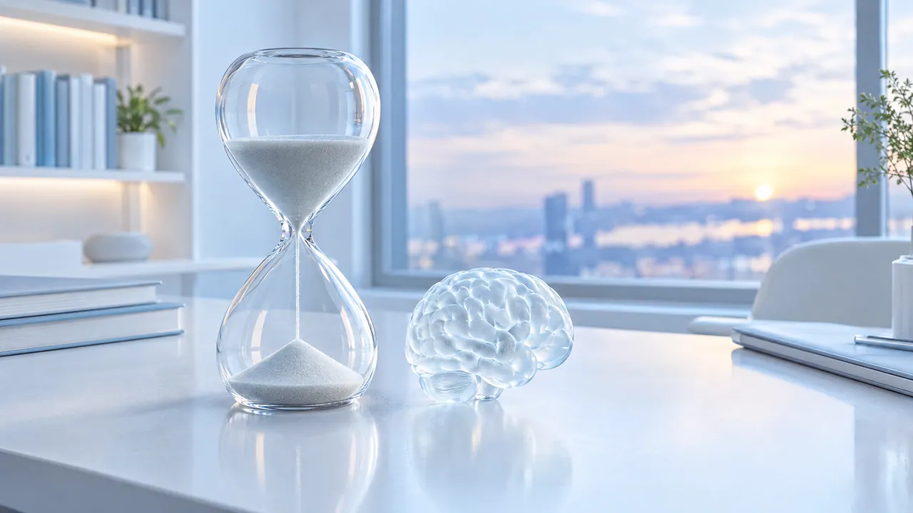 Hourglass and a glass brain model on a bright desk in front of a window overlooking the city