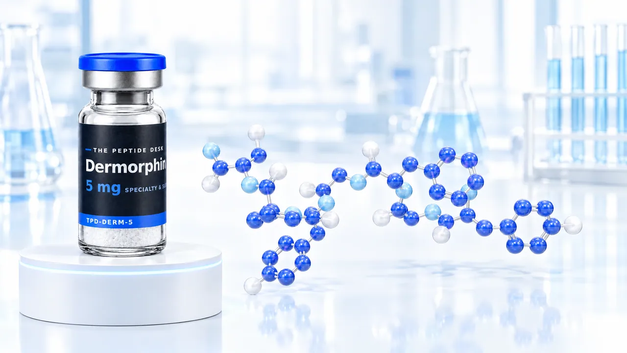 Vial with white powder, a blue cap and a black TPD label for Dermorphin on a white podium, next to it a chain of blue and white glass spheres as a molecule model in a bright lab