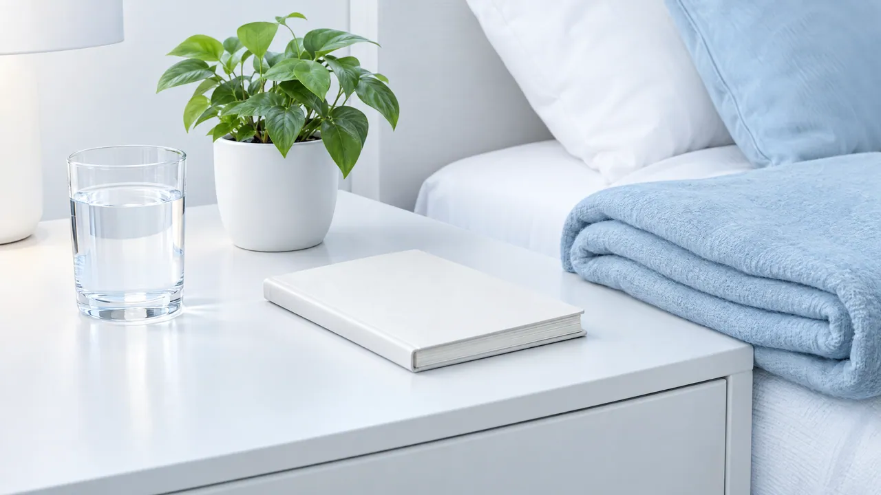 Bedside table with a glass of water, a closed white notebook and a green plant, a folded light blue blanket on the bed beside it