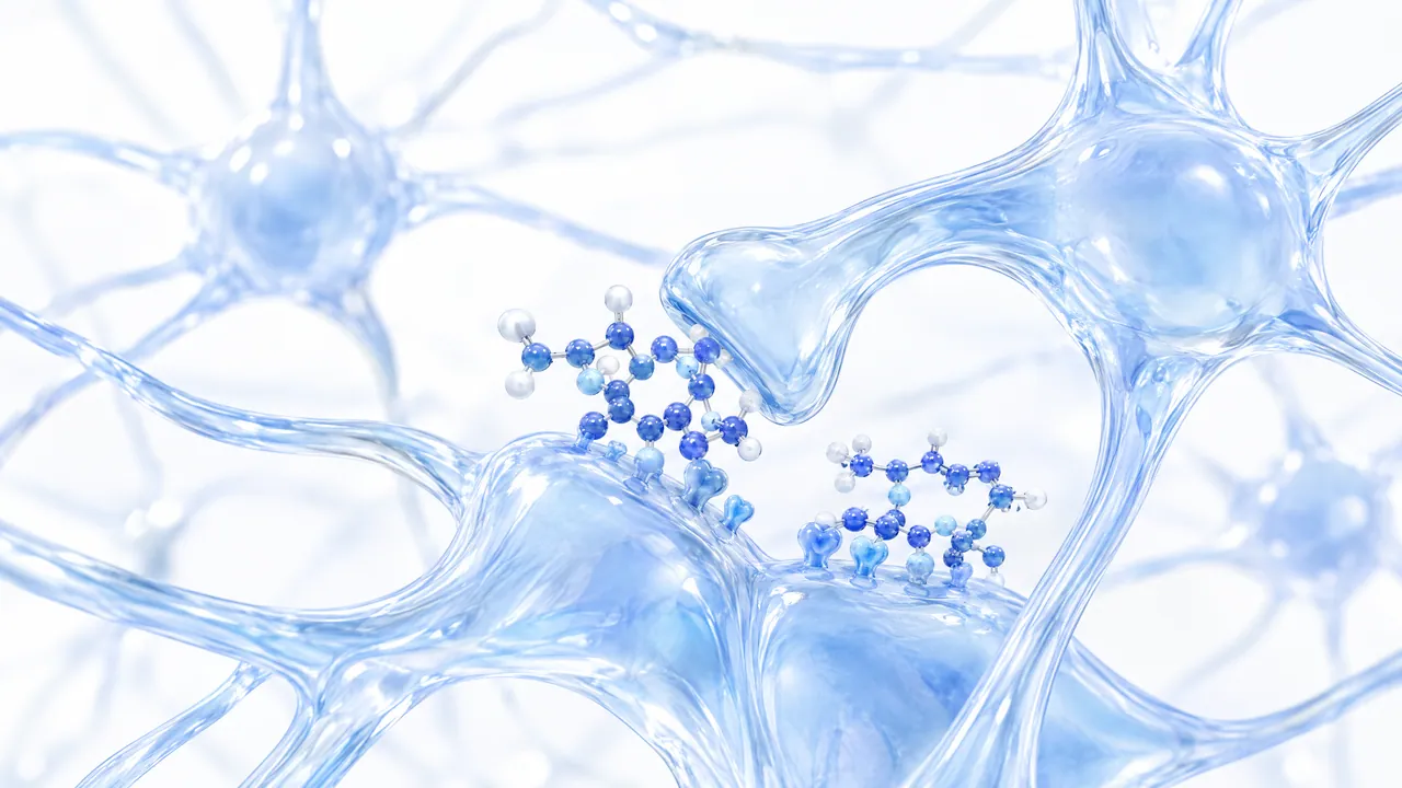Glass web of nerve cells, two small blue molecules docking at a contact point
