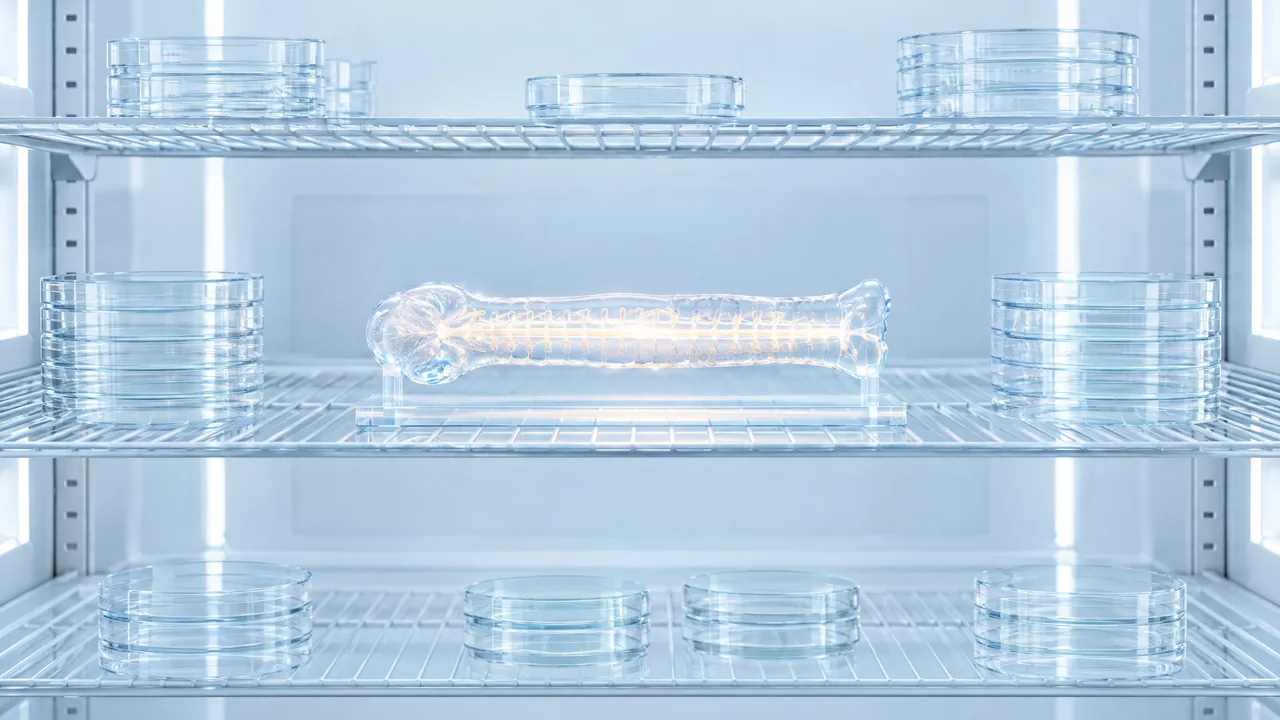 Glass section of spinal cord with a softly glowing core on the middle wire shelf of a cold room rack, stacked petri dishes all around