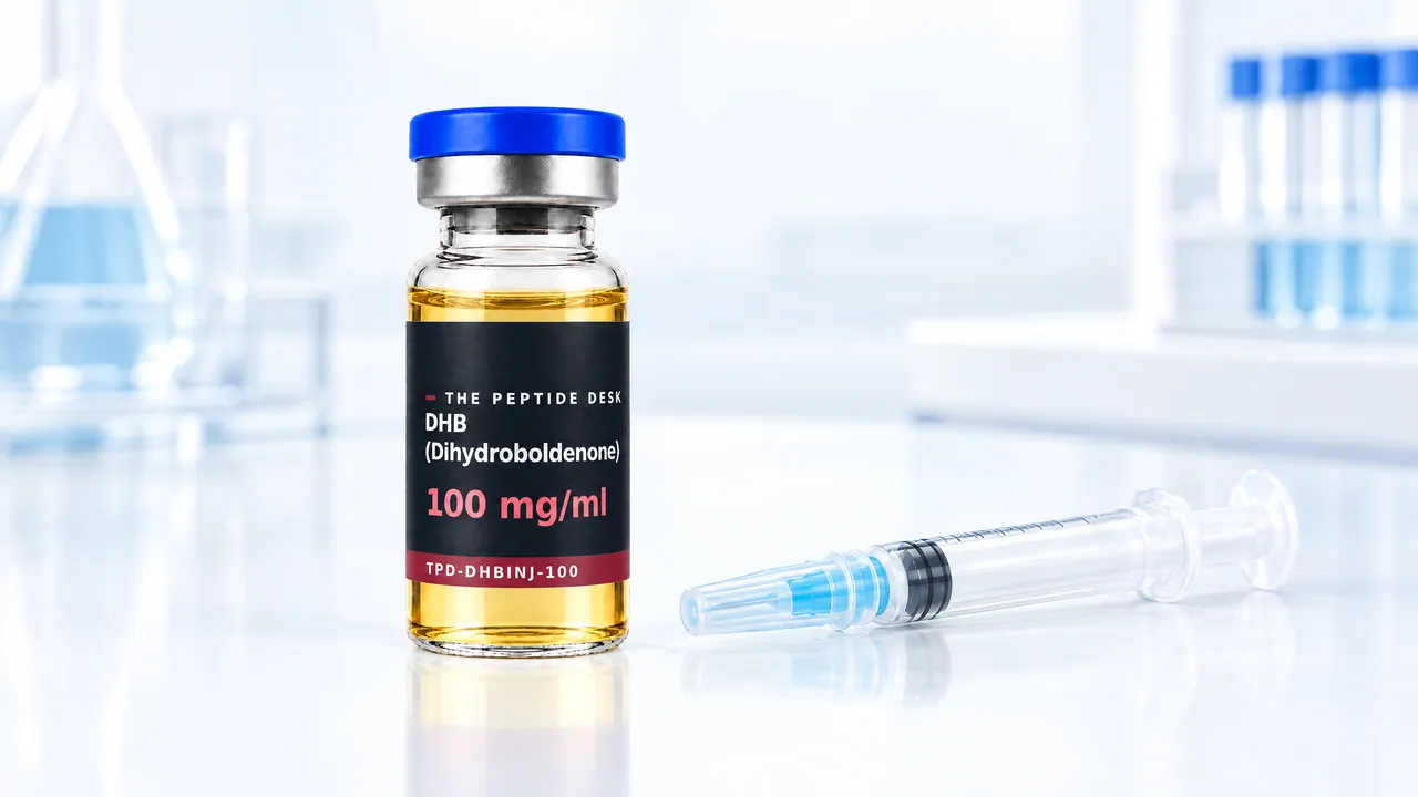 Glass vial with golden oil and a black TPD label, next to it a disposable syringe with a blue needle cap on a white lab bench