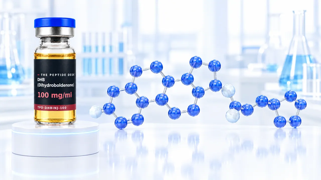 Glass vial with golden oil and a black TPD label on a white podium, next to it a glossy blue 3D steroid molecule in a bright lab, symbolic image for DHB