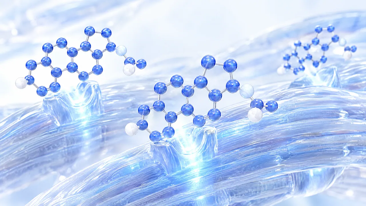 Several glossy blue 3D steroid molecules dock onto glowing transparent binding sites on light blue fibre bundles