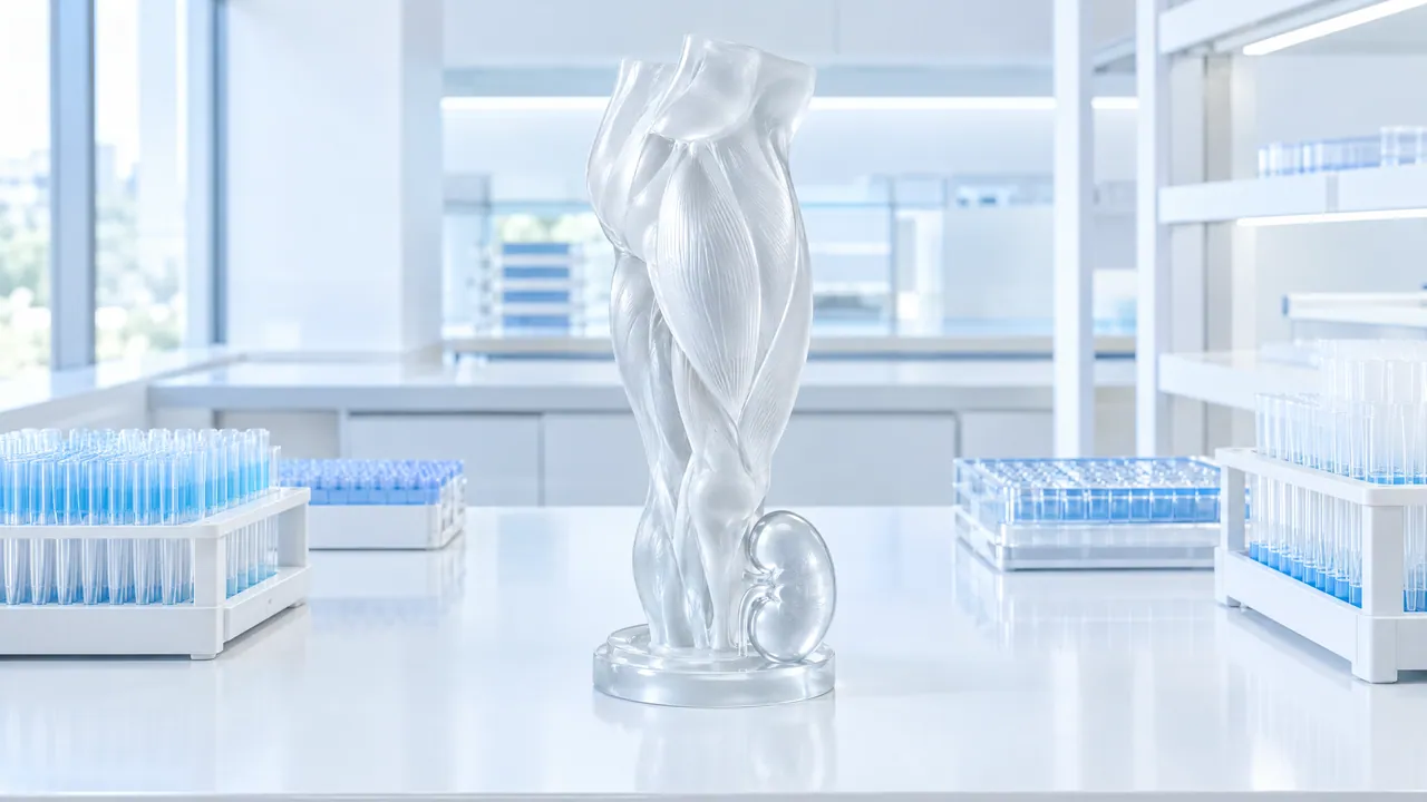 Transparent glass sculpture of a muscle strand with a small organ at its base, surrounded by racks of blue sample tubes in a bright lab