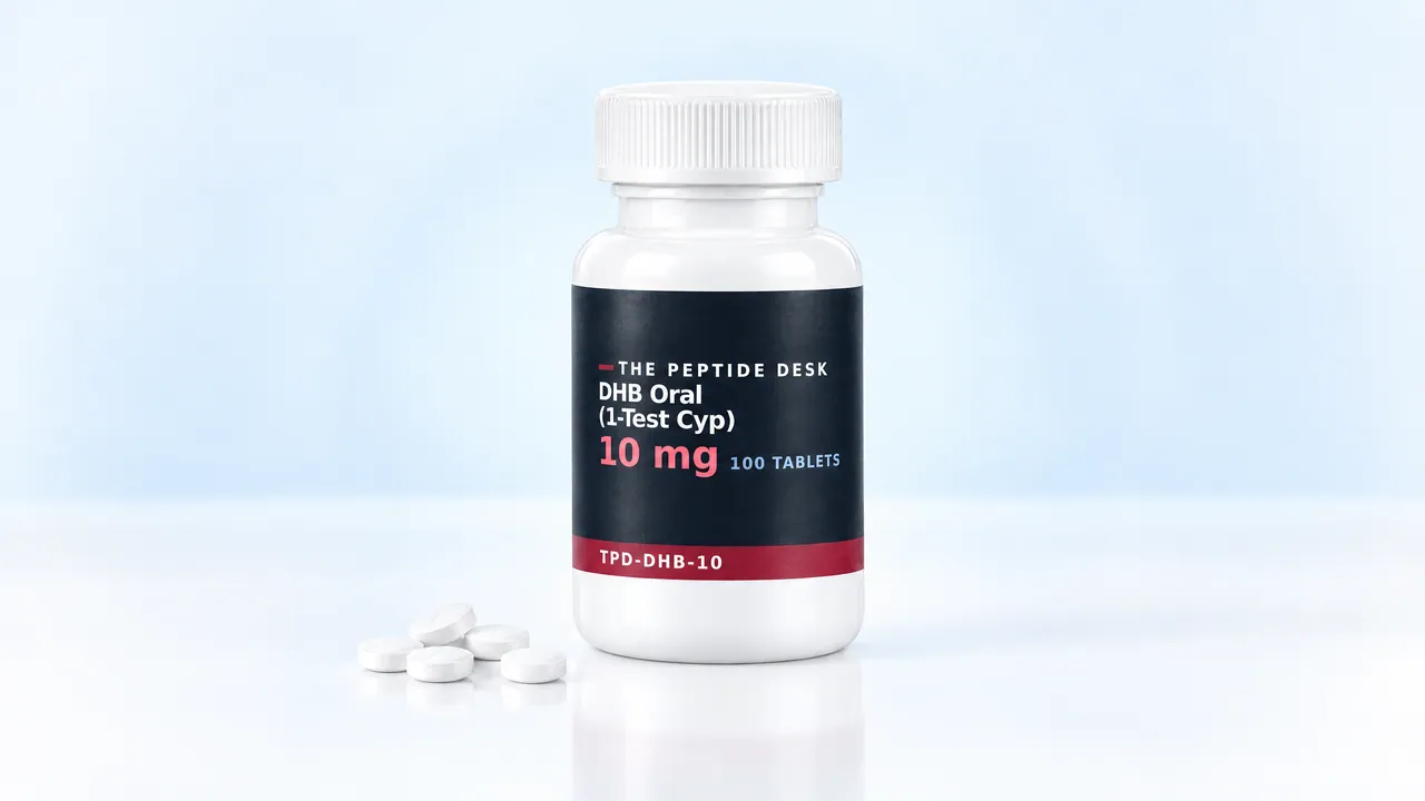 White tablet bottle with a black TPD label for DHB Oral, five white round tablets in front of it on a light surface