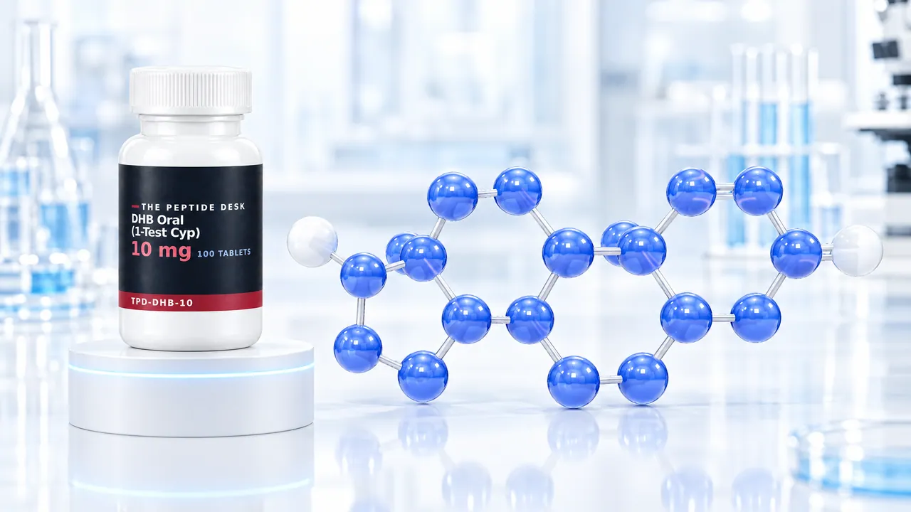White tablet bottle with a black TPD label for DHB Oral on a white podium, next to it a large glossy blue 3D steroid molecule in a bright lab