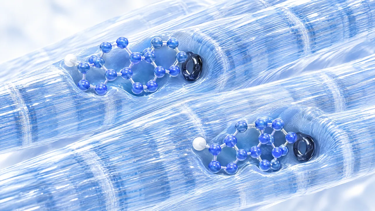 Two glossy blue 3D steroid molecules rest in hollows on light blue, transparent muscle fibres, each next to a dark ring as a binding site