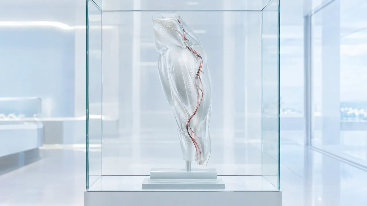Transparent glass sculpture of a thigh muscle with a red blood vessel in a glass display case in a bright room