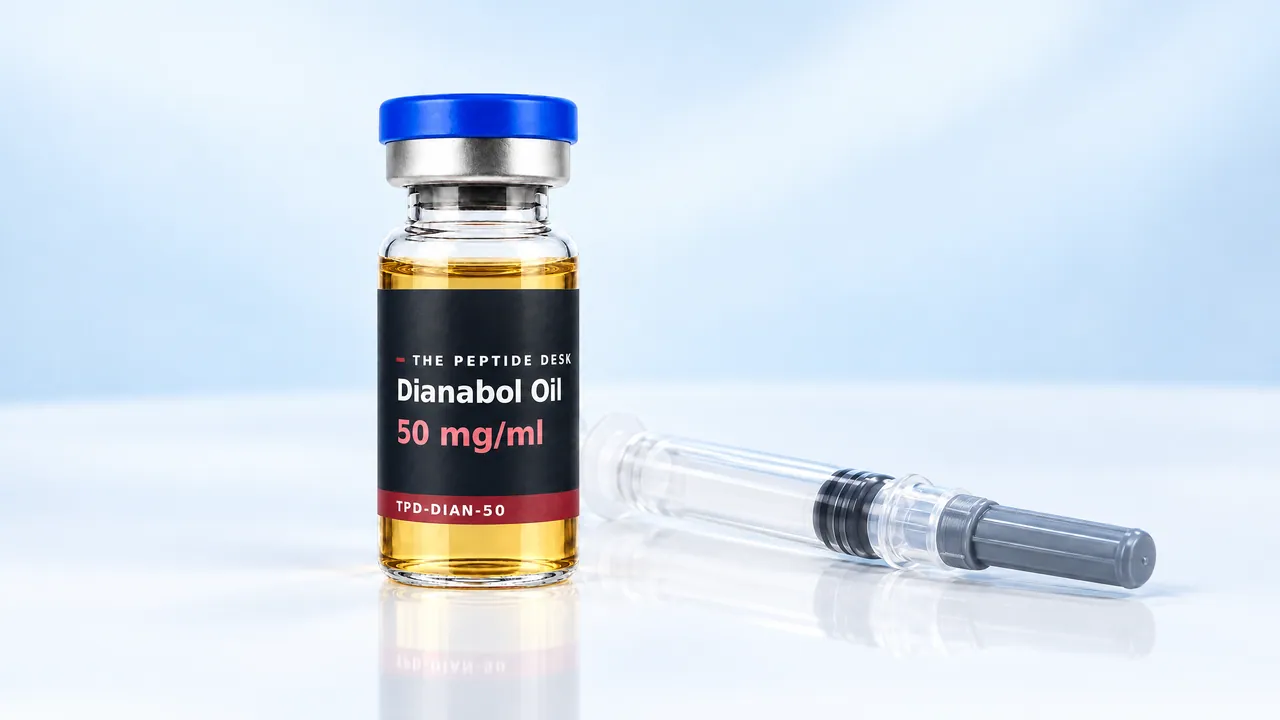 Glass vial with golden oil and a black TPD label, next to it an empty disposable syringe on a white surface