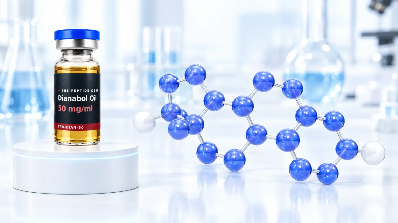 Glass vial with golden oil and a black TPD label on a white podium, next to it a large glossy blue 3D steroid molecule with four rings in a bright lab, symbolic image for methandienone
