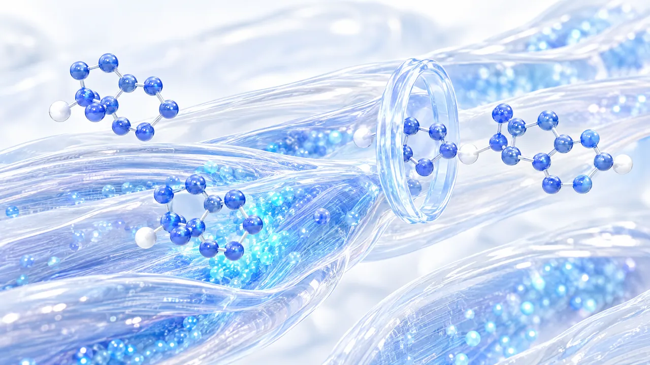 Glossy blue 3D steroid molecules float between transparent twisted fibre bundles full of blue beads, one slides through a glass ring