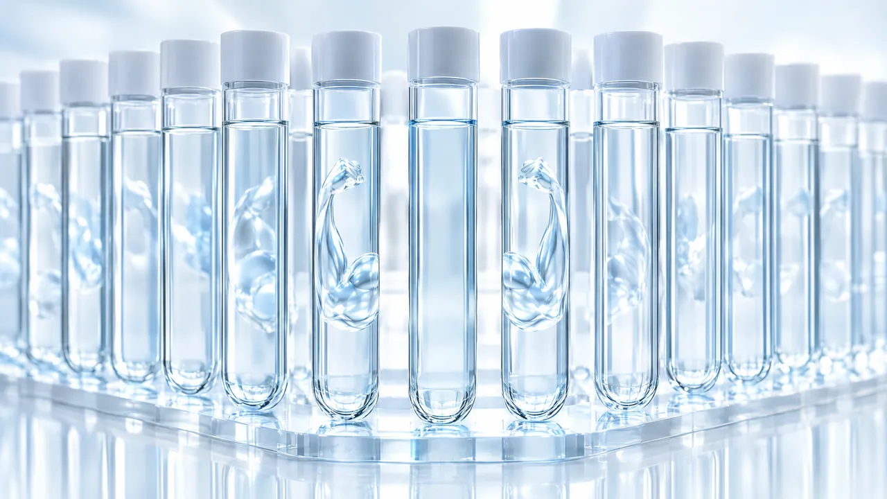 Row of test tubes with clear liquid, in two of them floats a glass figure of a flexed upper arm