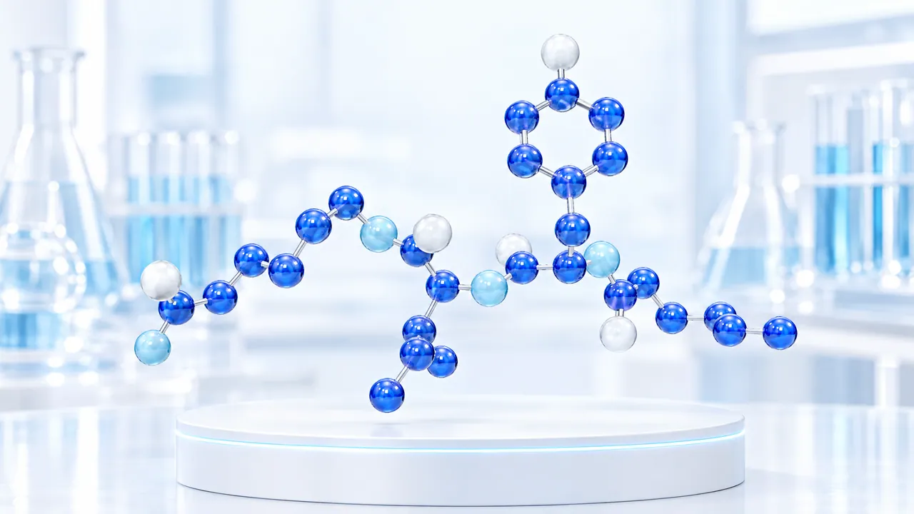 Molecule model of blue and white glass spheres with a ring group above a white podium with a glowing light blue rim in a bright lab