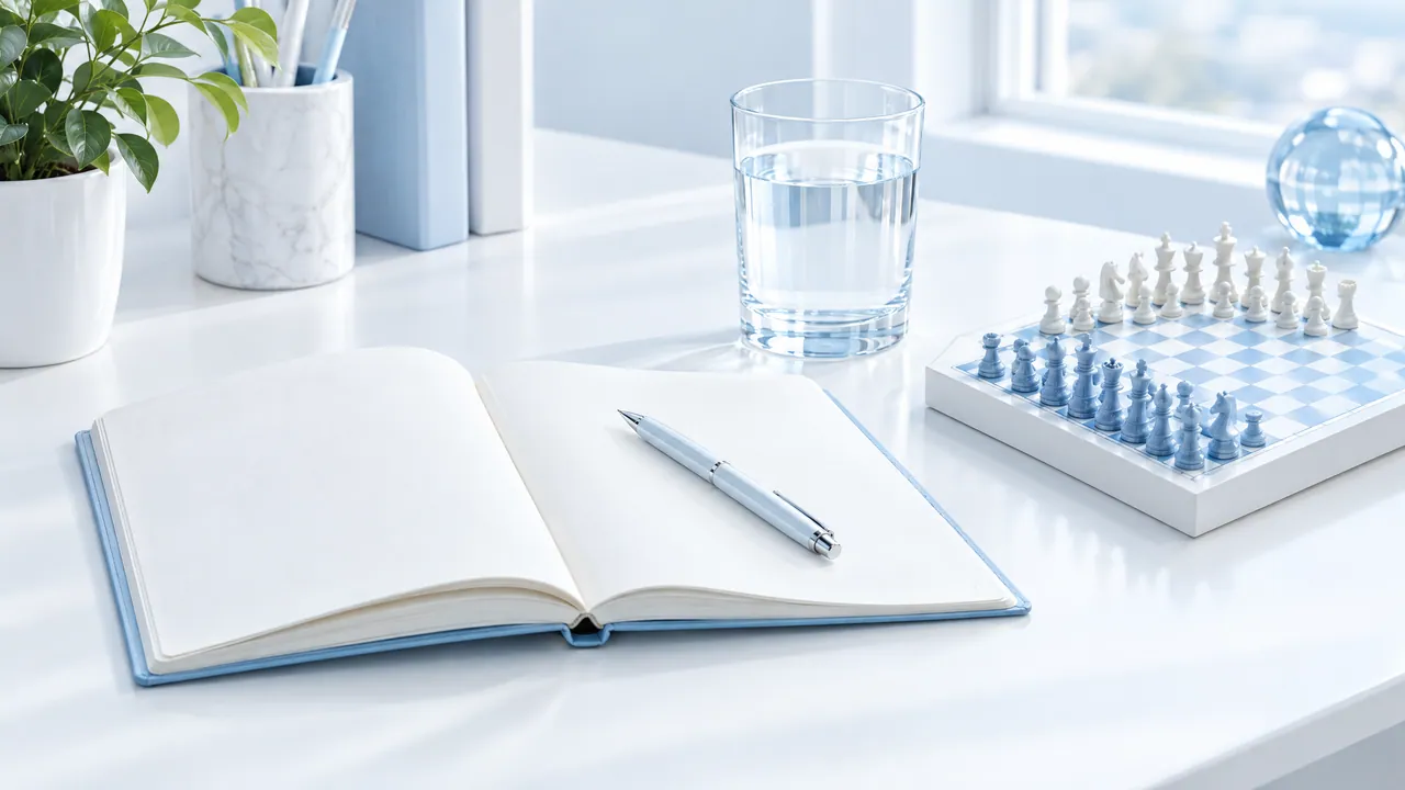 Open blank notebook with a pen, a glass of water, a chessboard with white and blue pieces and a green plant on a white desk