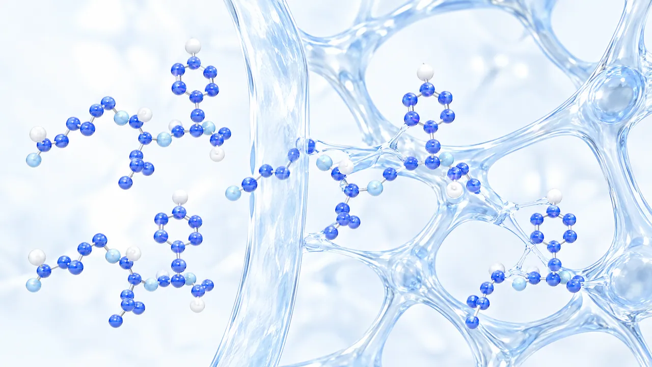 Several molecule models of blue glass spheres with ring groups floating in front of and inside a glass honeycomb network