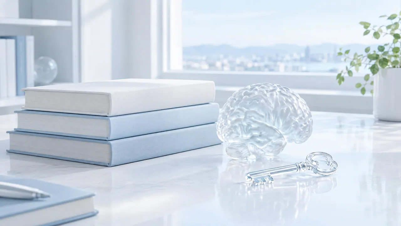 Bright desk with a stack of books, a glass brain and a glass key in front of a window overlooking the city