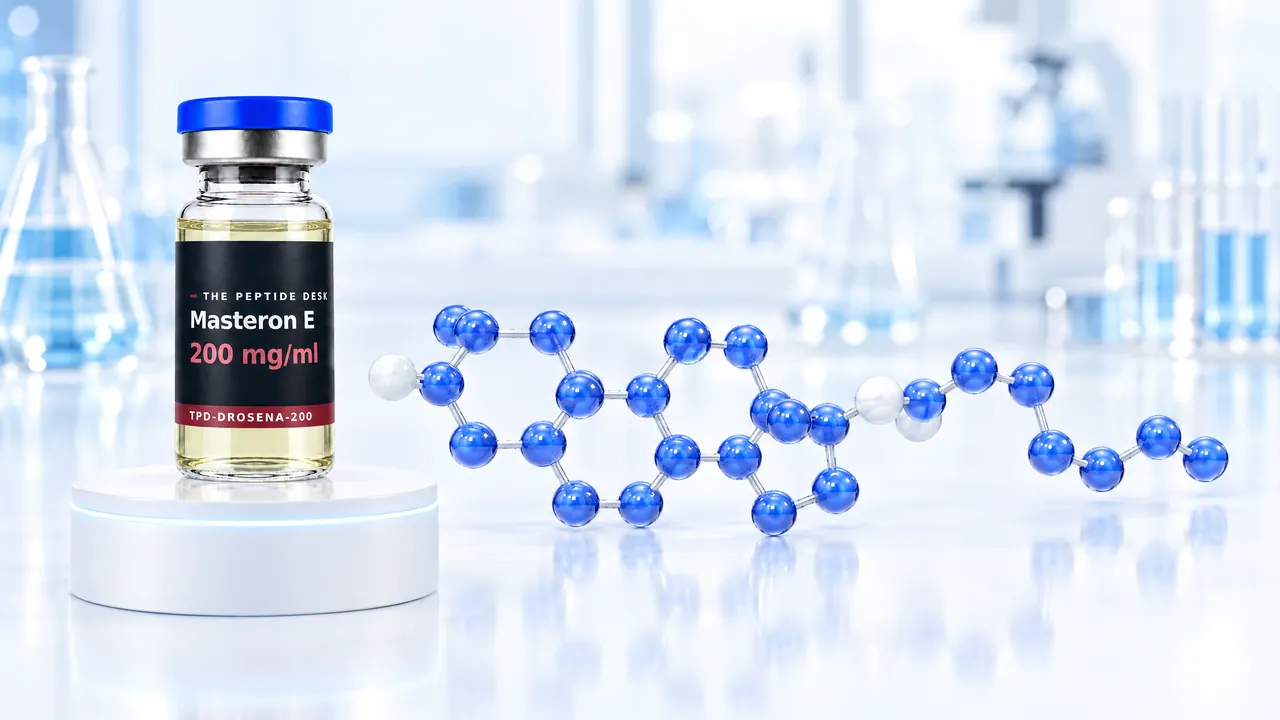 Glass vial with pale yellow oil and a black TPD label on a white podium, next to it a glossy blue 3D steroid molecule with a long side chain in a bright lab, symbolic image for Drostanolone Enanthate