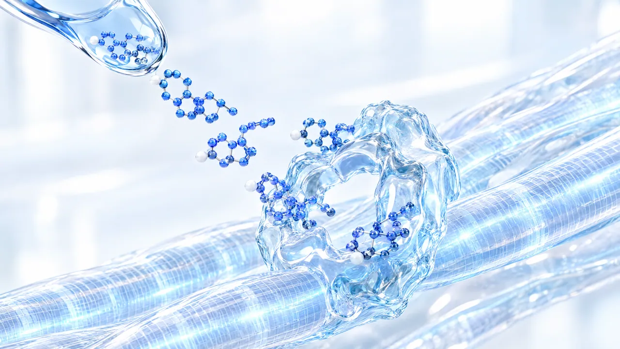 Glossy blue 3D molecules flow from a glass droplet towards a transparent ring-shaped structure on light blue fibre bundles