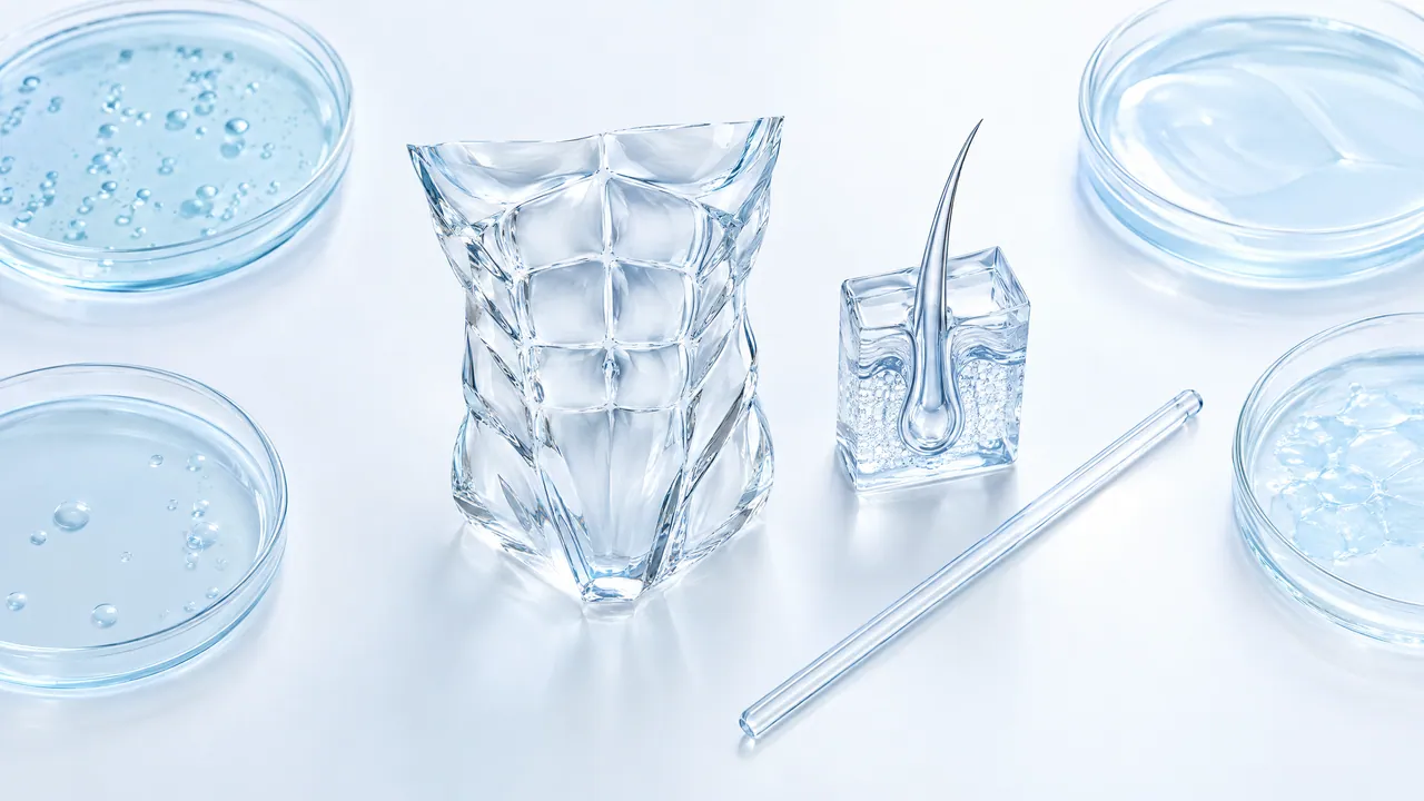 Glass sculpture of a torso with abdominal muscles, next to it a glass model of a hair follicle, petri dishes and a glass rod on a light background
