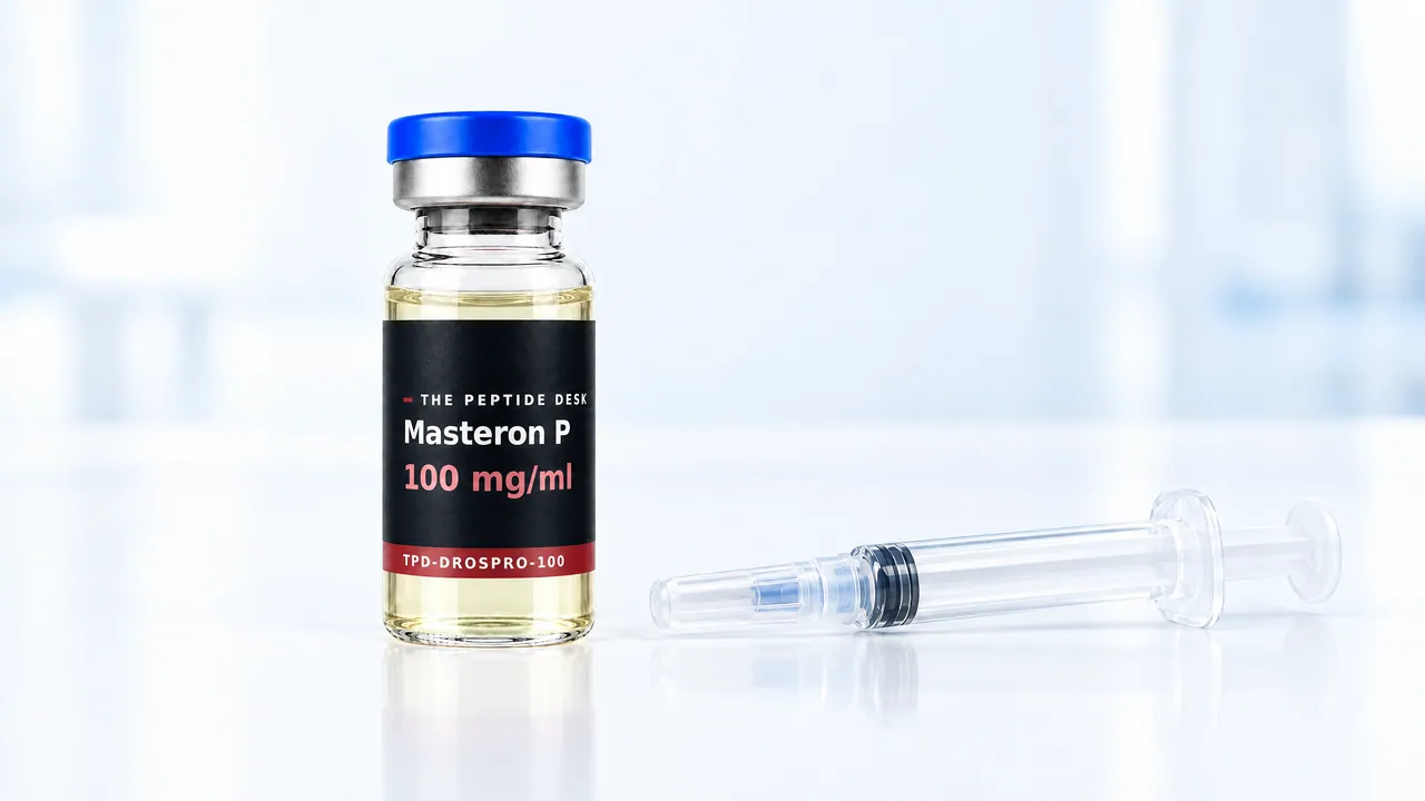 Glass vial with pale yellow oil and a black TPD label, next to it a disposable syringe on a white surface