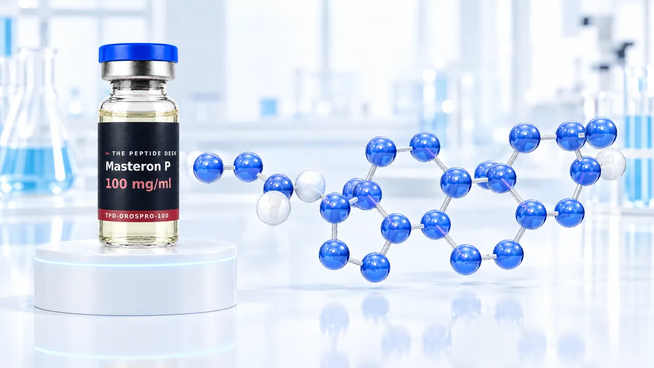 Glass vial with pale yellow oil and a black TPD label on a white podium, next to it a glossy blue 3D steroid molecule with a short side chain in a bright lab, symbolic image for Drostanolone Propionate