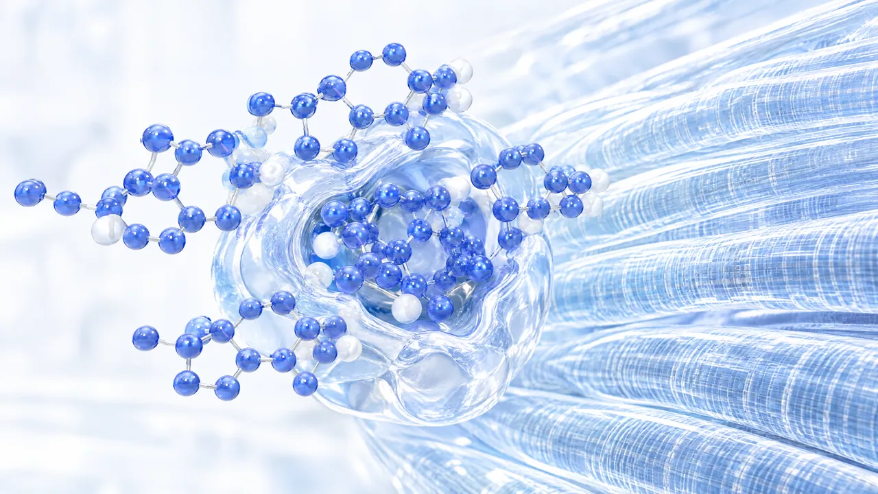 Glossy blue 3D steroid molecules gather around a transparent ring-shaped structure at the end of light blue fibre bundles