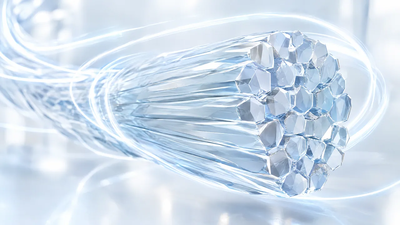 Glass fibre bundle with hexagonal crystal ends, surrounded by bright arcs of light