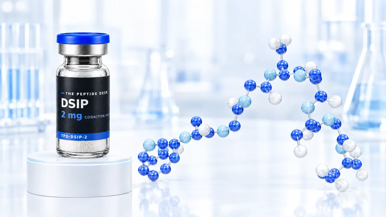 Vial with white powder, a blue cap and a black TPD label for DSIP on a white podium, next to it a long chain of blue and white glass spheres as a molecule model in a bright lab