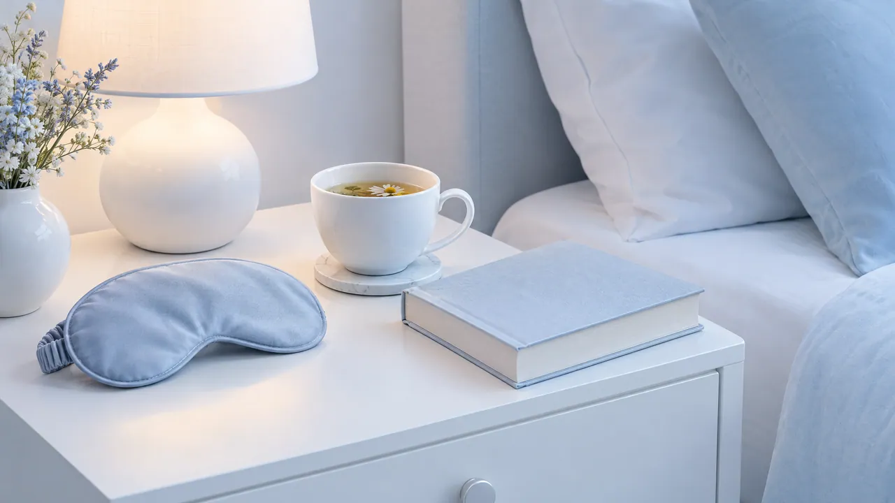 Bedside table with a lit white lamp, a cup of chamomile tea, a light blue sleep mask, a book and a small bunch of flowers