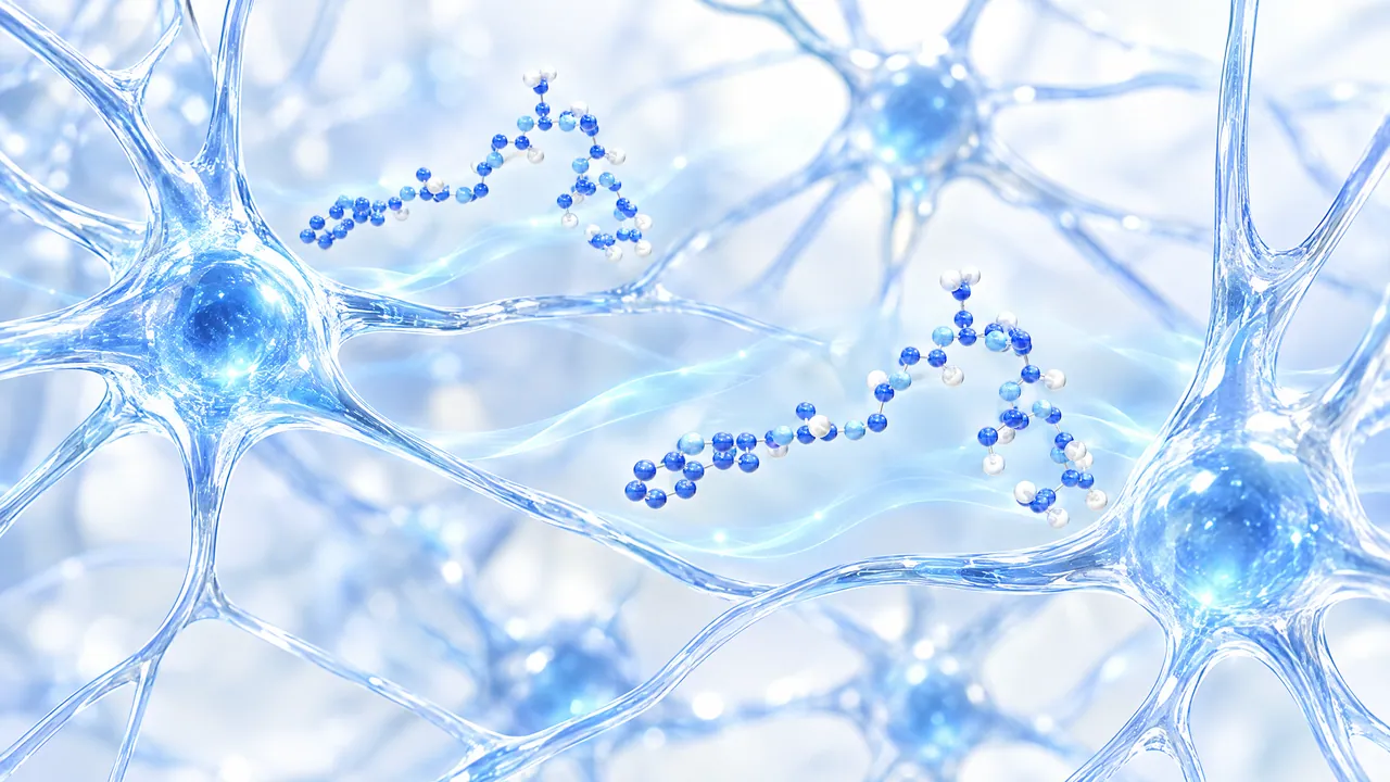 Glowing network of glass nerve cells with two blue molecule chains floating between them