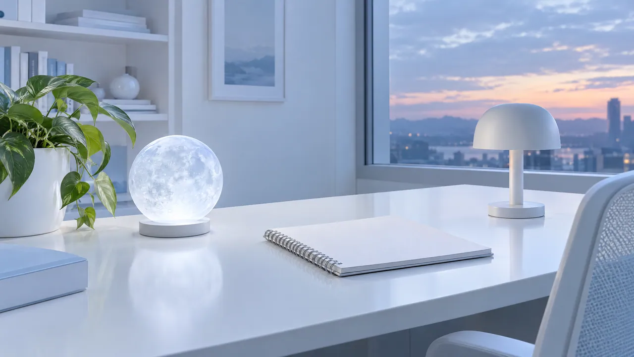 Bright desk at dusk with a glowing moon lamp, a notepad and a white table lamp in front of a window overlooking the city