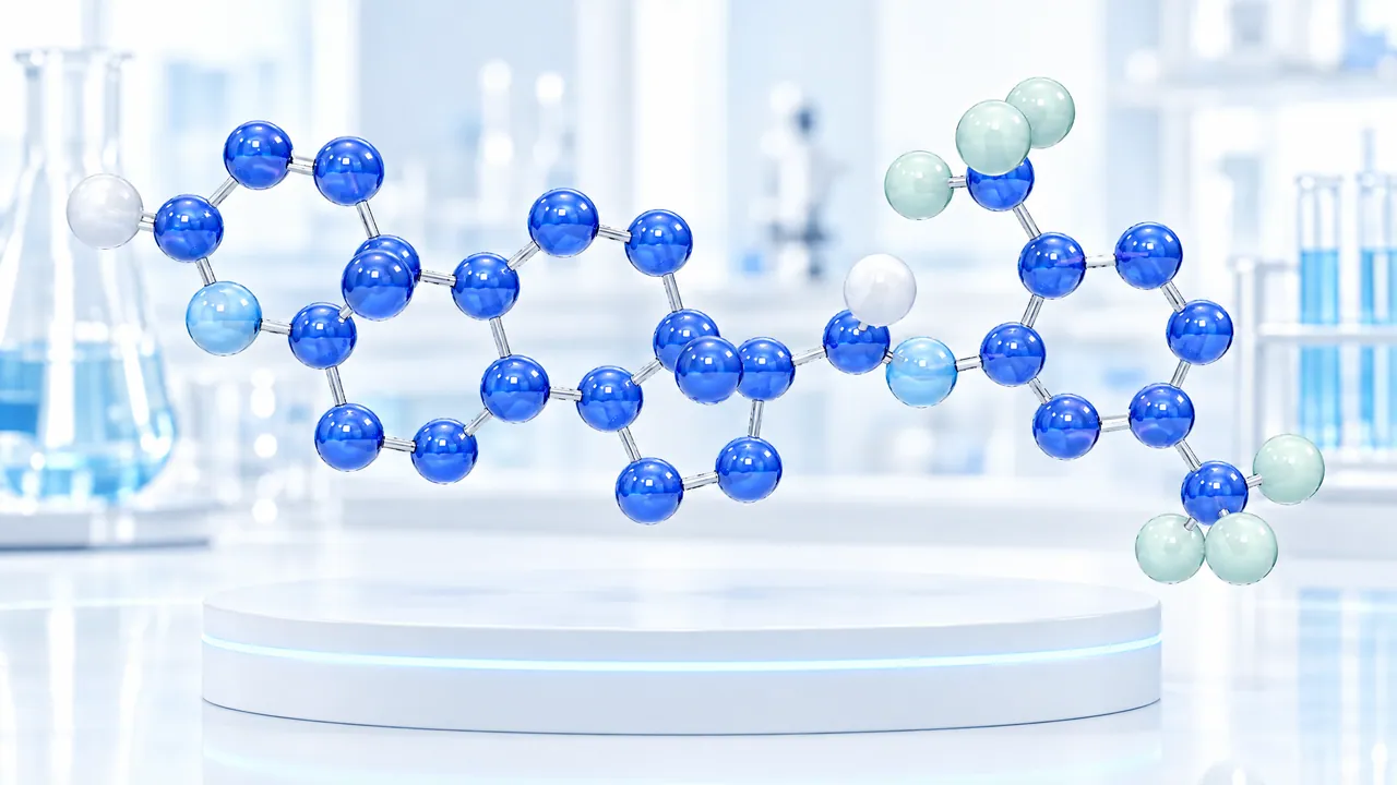 Large glossy blue 3D model of the dutasteride molecule with light green atom groups at one end, floating above a white podium with a blue light ring in a bright lab