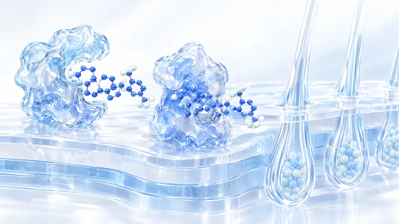 Two transparent blue glass enzyme models with blue 3D molecules docking into them, to the right glass hair follicles with light blue spheres in a layered skin surface