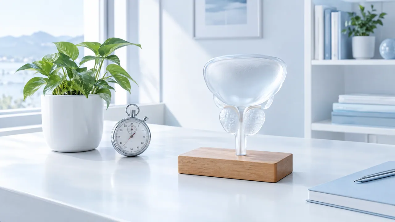 Transparent glass model of bladder and prostate on a wooden base, next to it a stopwatch and a green plant on a bright desk