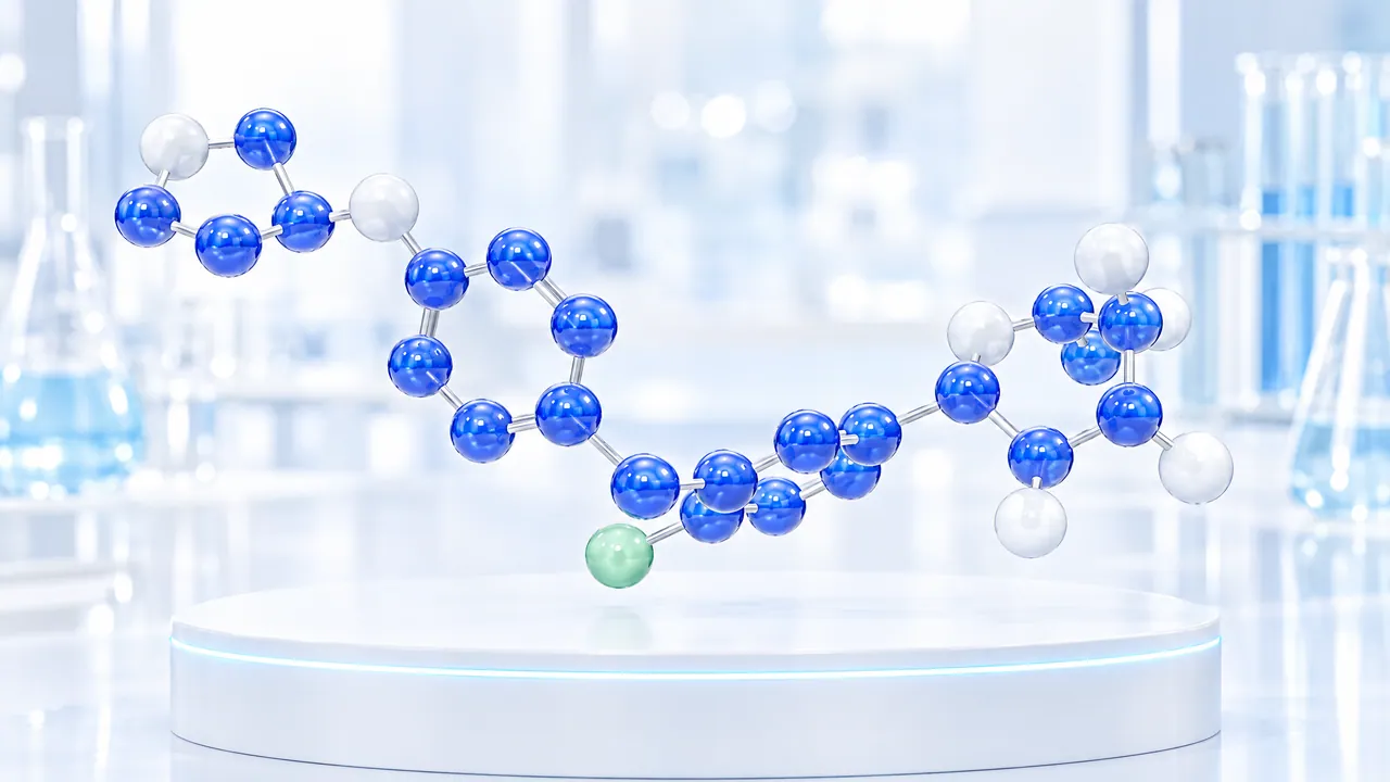 Large glossy blue 3D model of the empagliflozin molecule with white atoms and one light green atom, floating above a white podium with a blue light ring in a bright lab