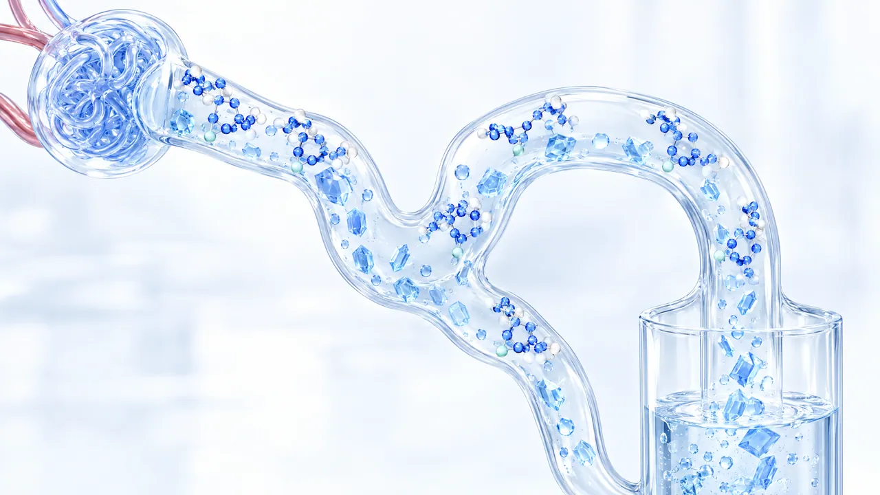 Glass kidney tubule leading from a coil into a glass, with blue 3D molecules and blue sugar crystals flowing out with the urine