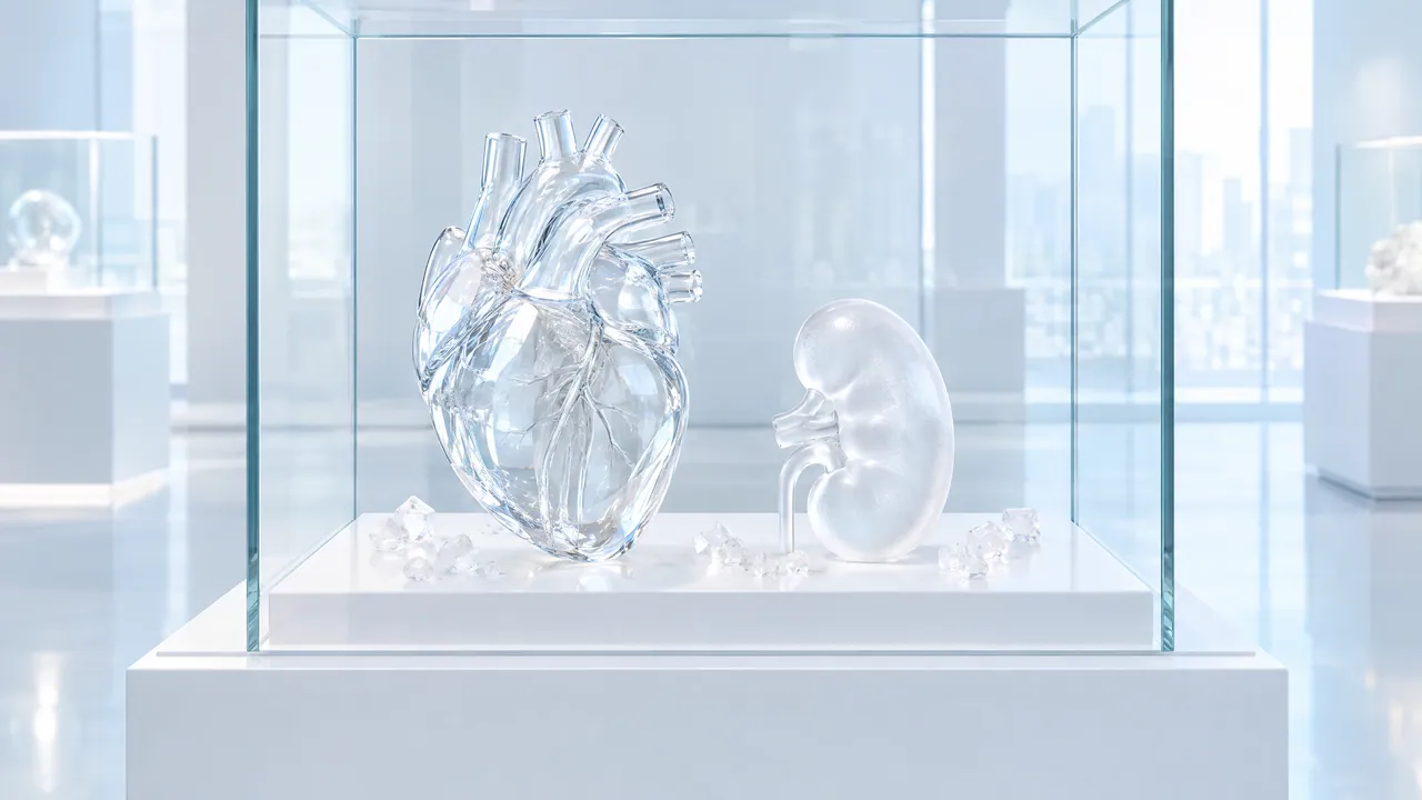 Glass heart and a frosted white glass kidney side by side in a glass display case on a white plinth, a few sugar crystals around them