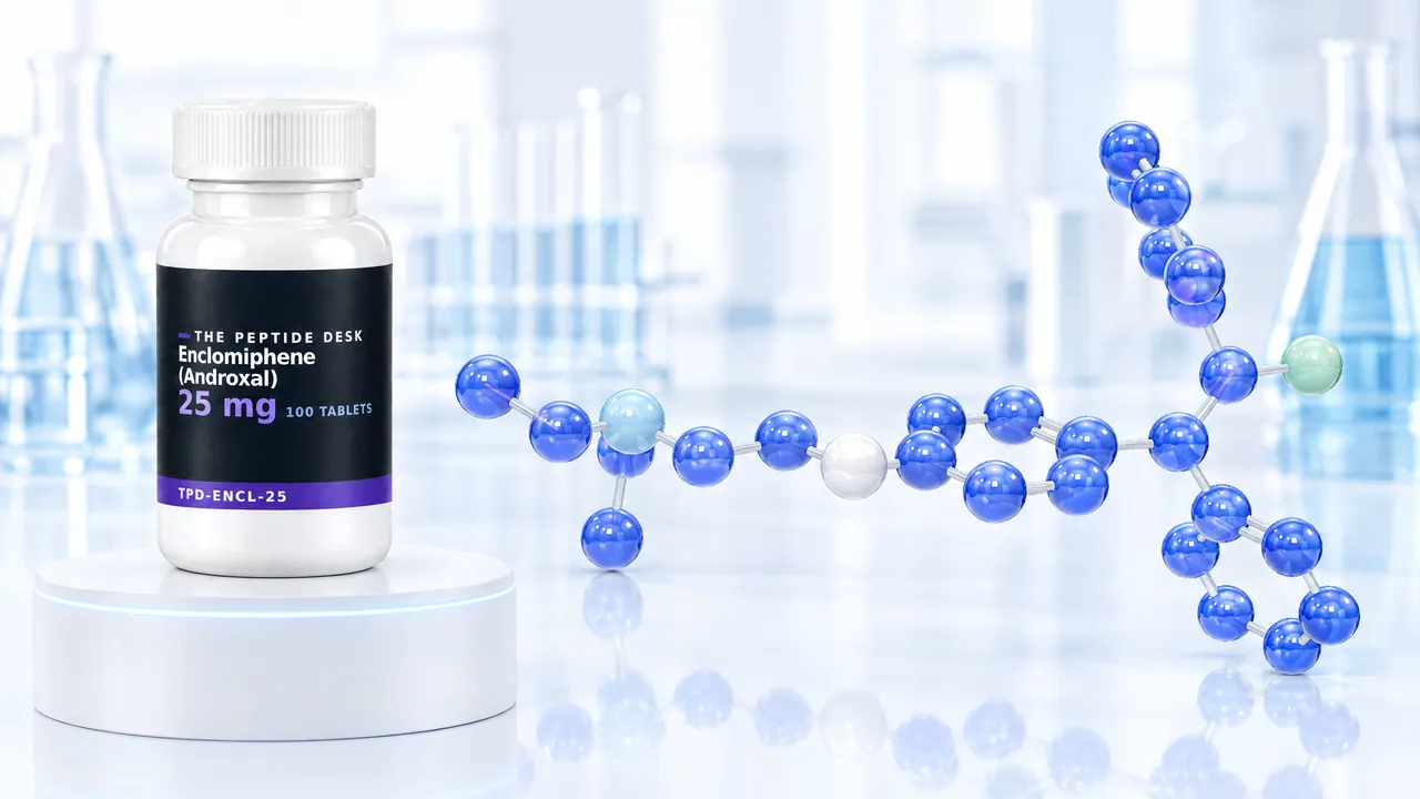 White tablet bottle with a black TPD label for Enclomiphene on a white podium, next to it a large glossy blue 3D molecule with branching rings in a bright lab