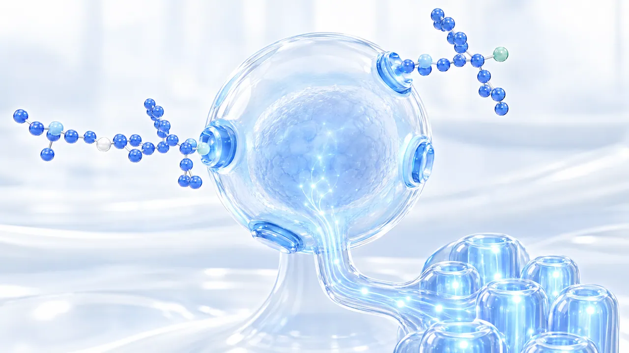 Transparent glass cell with round docking sites where two blue 3D molecules dock, a glowing strand leads from the cell to a group of glass tubes