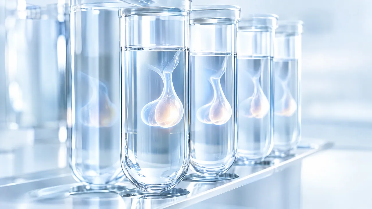 Row of tall glass tubes with clear liquid, each holding a glowing translucent organ model on a metal rail in the lab