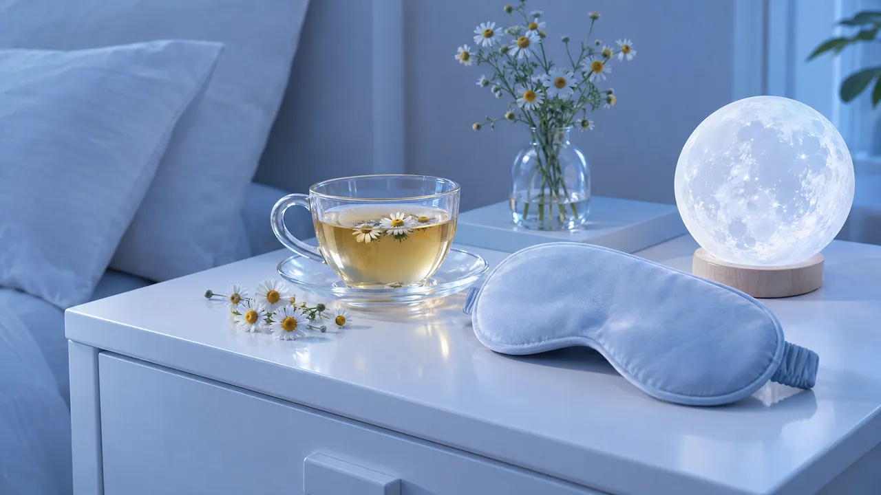 Nightstand in the evening with a cup of chamomile tea, a light blue sleep mask, a moon lamp and a small vase of chamomile flowers