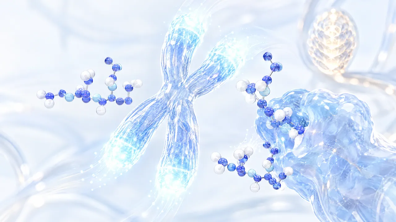 Glass chromosome with glowing ends, next to short blue 3D peptide chains, a glass enzyme and a glowing cone-shaped gland in the background