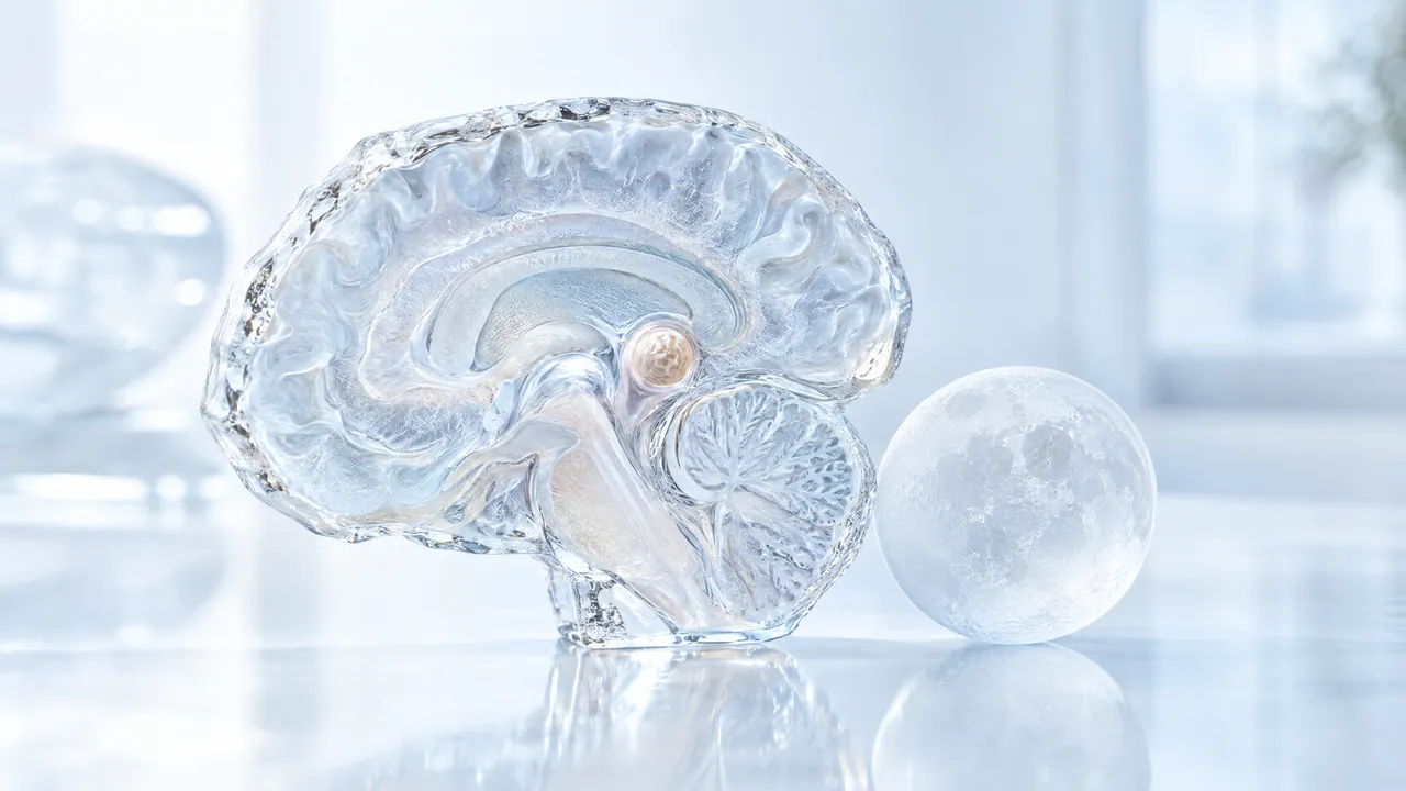 Glass cross-section model of a brain with a small golden pineal gland, next to a frosted glass sphere that looks like a moon