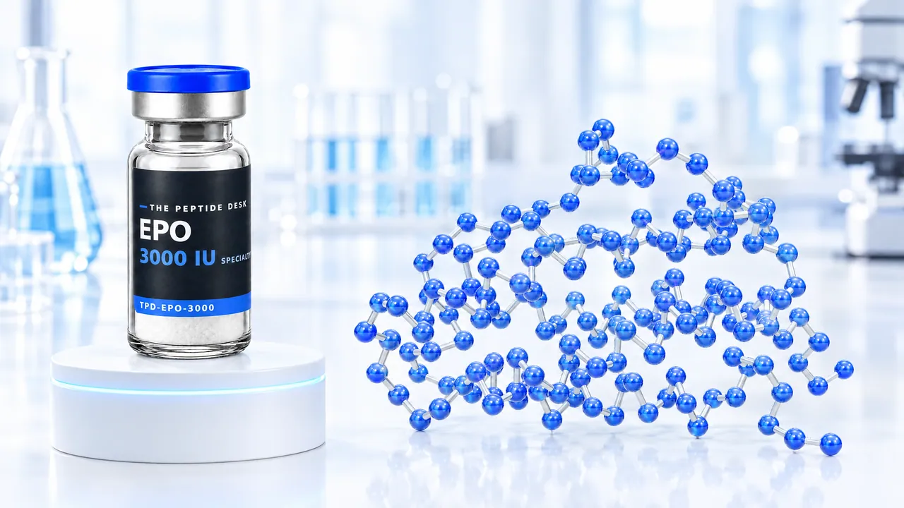 Vial with white powder, a blue cap and a black TPD label for EPO on a white podium, next to it a large, branched molecule model of blue glass spheres in a bright lab