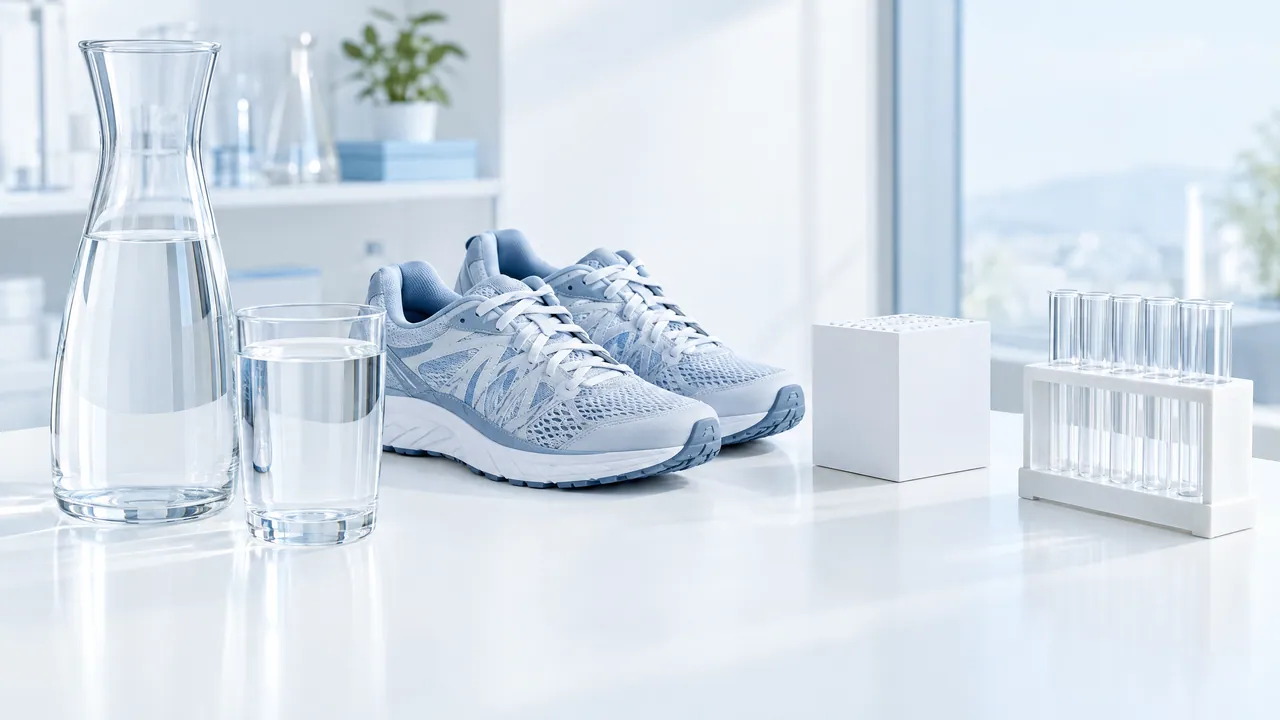 Carafe and glass of water, a pair of light blue running shoes, a white cube and a rack of empty sample tubes on a white table