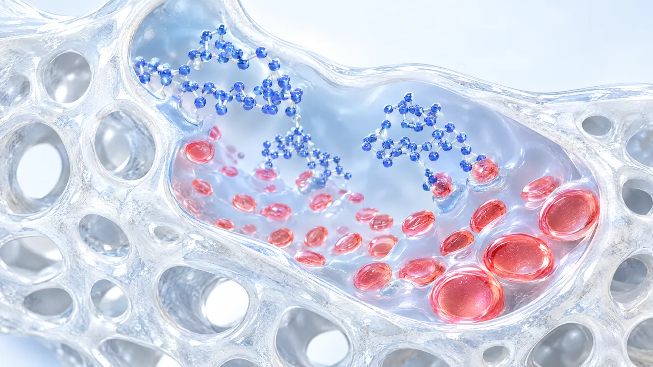 Porous glass cross-section of bone with a cavity, inside it blue molecules dock and red disc-shaped glass blood cells form